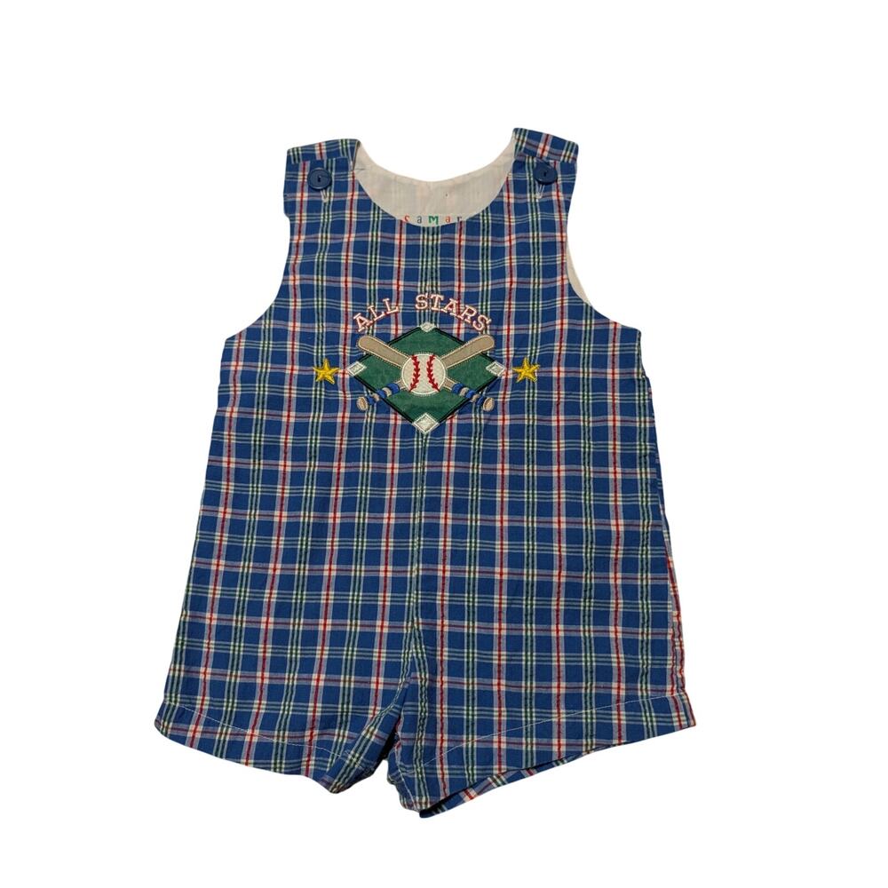 Samara Toddler Romper Overalls Size 2T Blue Plaid Baseball All Stars Shortall